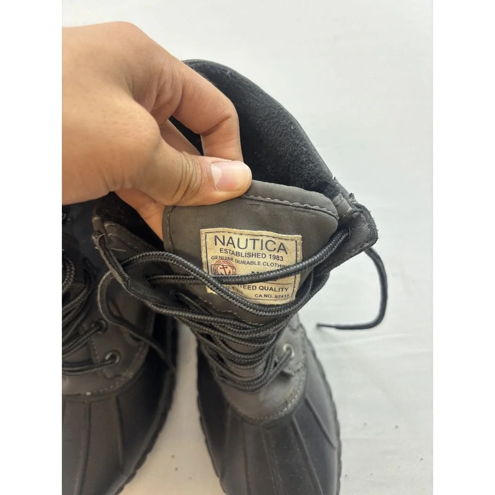 Nautica Mens Duck Boots US 10 Black Gray Waterproof Lace Up Rain Snow Gear